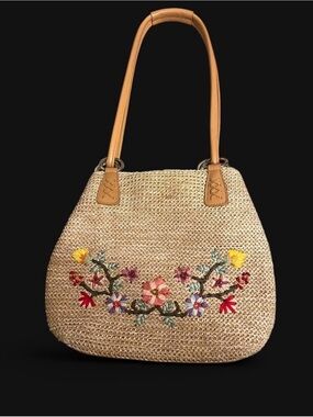 Embroidered Straw Tote Bag Leather Handles Colorful Floral Boho